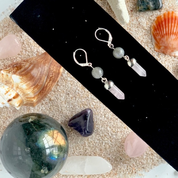 Genuine Labradorite & Rose Quartz Crystal Earrings in Sterling Silver - Picture 1 of 4
